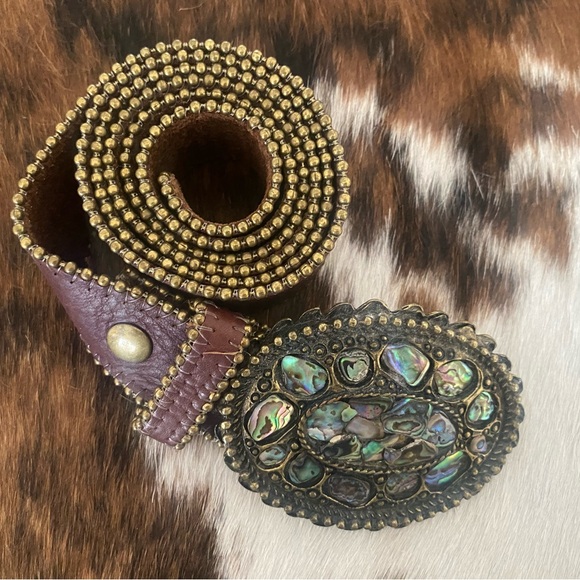 EUC Vintage LEATHEROCK Soft Leather Brass Belt and Abalone Buckle Set